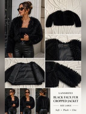 Lanshifei Black Faux Fur Cropped Jacket Women’s Size Large Soft Glam Coat